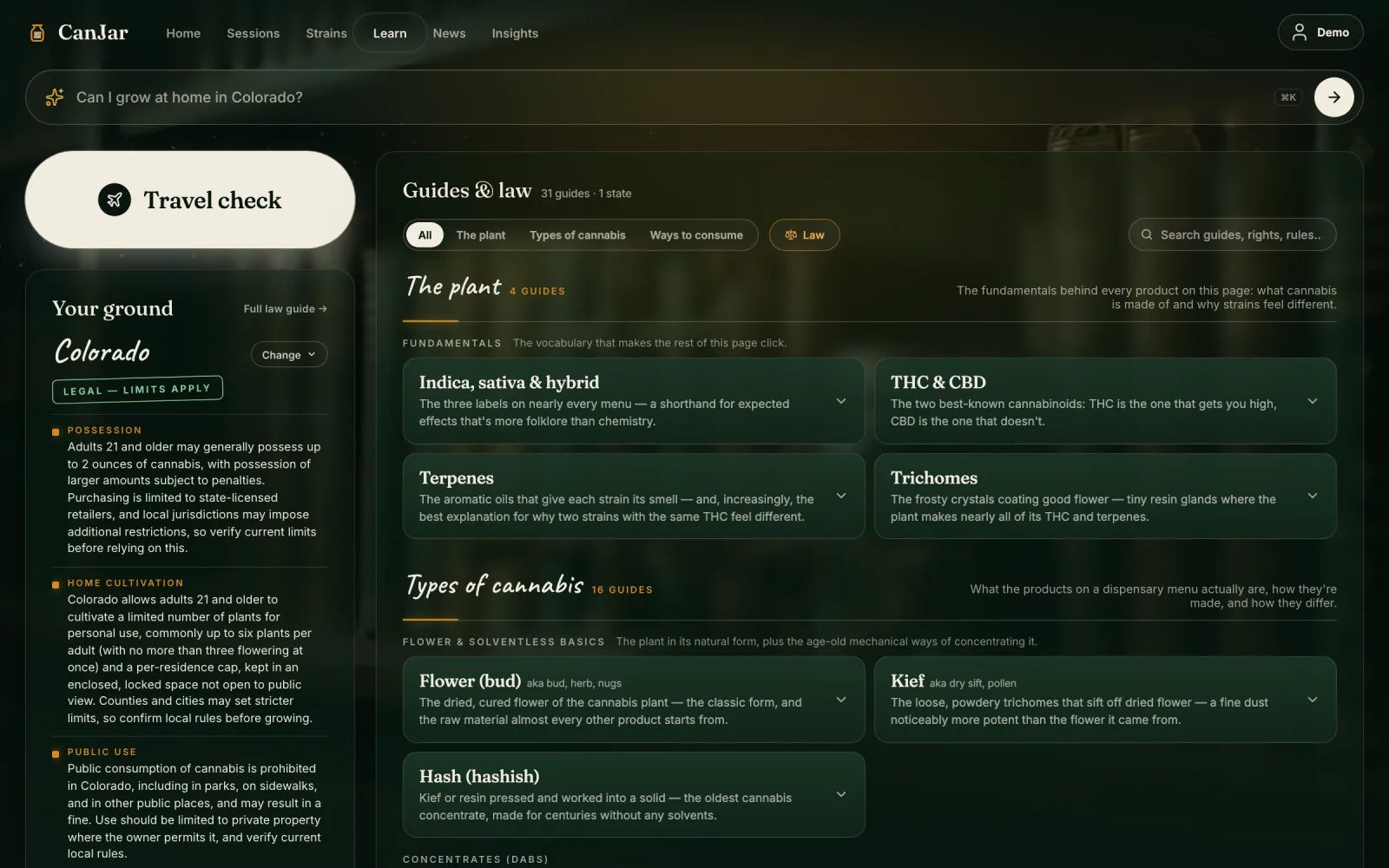 Learn: guides on the plant, types of cannabis and ways to consume, with the law tab beside them