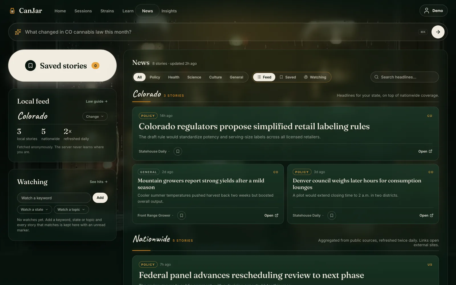 The News page: a local feed above nationwide stories