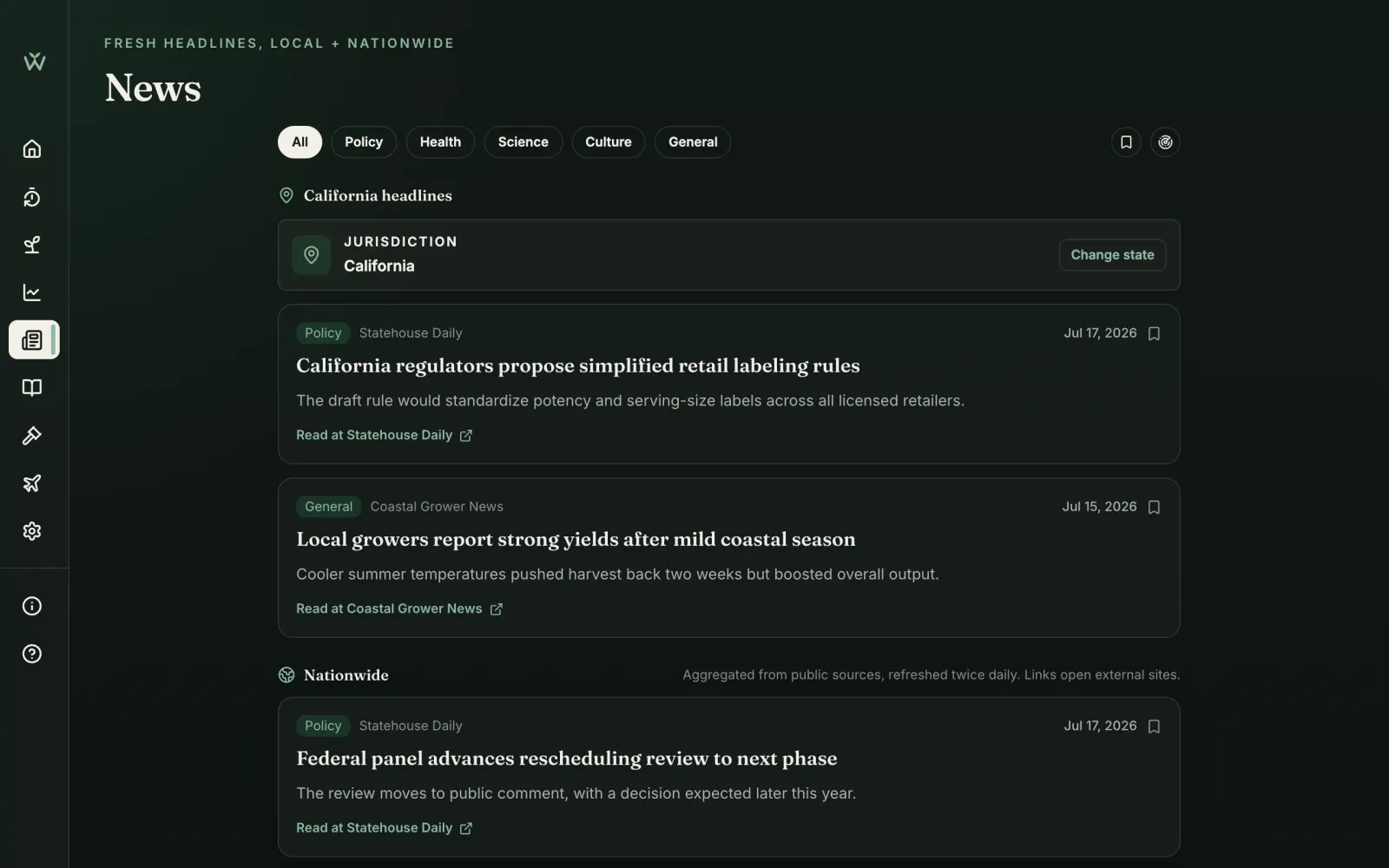 Cannabis news feed with watchlist