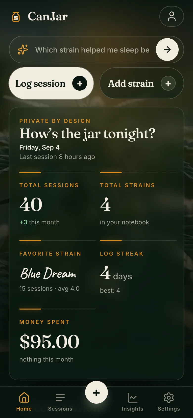 CanJar's Home on a phone: tonight's totals, recent sessions, news and the law where you are